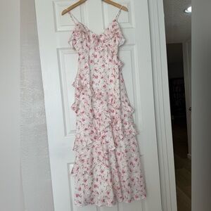 Storia Don’t Make Me Blush Floral Ruffle Maxi Dress Pink Cottagecore, Sz S